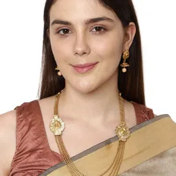 ANIKAS CREATION Gold-Plated Beige Stone-Studded Ball Chain-Style Multilayer Jewellery Set image 2