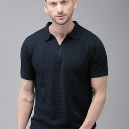 Roadster Men Navy Blue Self Design Polo Collar Pure Cotton T-shirt-picture-17