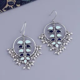 Voylla Silver-Plated & Blue Enamelled Circular Shaped Drop Earrings image 1