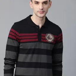 Roadster Men Black  Charcoal Grey Striped Polo Collar Pure Cotton T-shirt-picture-58