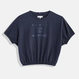 Tommy Hilfiger Girls Foil Brand Logo Print Extended Sleeves Indigo Knitted Blouson Top-picture-41