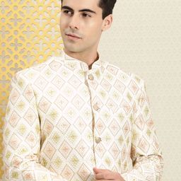 House of Pataudi Jashn Mandarin Collar Textured Zari Work Woven Design Bandhgala Blazer-picture-19