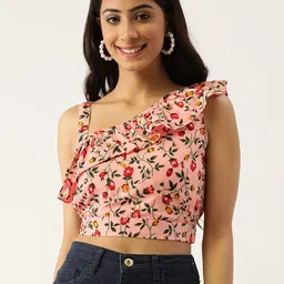 BRINNS Women Pink & Red Floral Print One Shoulder Ruffles Blouson Crop Top image 1