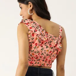 BRINNS Women Pink & Red Floral Print One Shoulder Ruffles Blouson Crop Top image 4