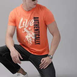 U.S. Polo Assn. Denim Co. Men Coral Orange Printed   Round Neck Pure Cotton T-shirt image 5