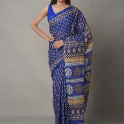 Unnati Silks Blue Cotton Printed Saree With Unstitched Blouse-picture-38