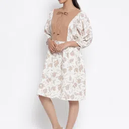 Fabindia White & Beige Cotton Printed A-Line Dress image 3