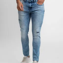 Spykar Blue Cotton Slim Fit Distressed Jeans image 1