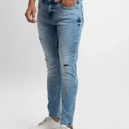 Spykar Blue Cotton Slim Fit Distressed Jeans image 3