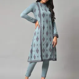 W Sky Blue Floral Print A Line Winter Kurta image 4