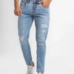 Spykar Blue Cotton Slim Fit Distressed Jeans image 1