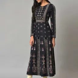 W Navy Printed Fit & Flare Winter Kurta image 3