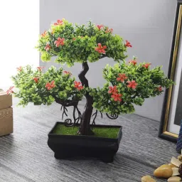 Foliyaj Red & Green Plastic Artificial New Triple-Headed Bonsai Tree With Small Flowers image 1