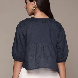 Label Ritu Kumar Navy Blue Solid Cotton Top image 4