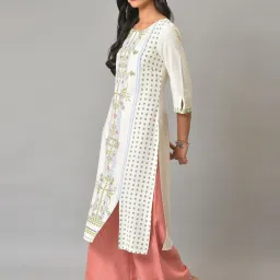 W Cream Floral Print Straight Kurta image 3