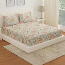 @Home Arias Green & Red 225 TC Cotton Satin King Bedsheet with 2 Pillow Covers-picture-10