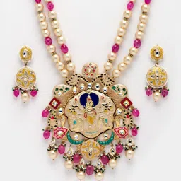 Dugran By Dugristyle Meenakari Yellow & Pink Necklace Set with Kundan and Pearls image 4