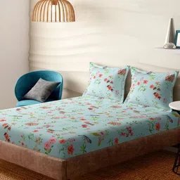 Portico Viva Vogue Blue & Pink Floral Cotton 400 TC Super King Bedsheet Set-2.74m X 2.74m-image-47