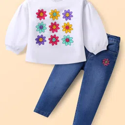 Babyhug Single Jersey Knit Full Puffed Sleeves Top & Denim Jeans Set With Floral Print & Embroidery - White & Blue-picture-11