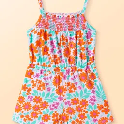 Babyhug Cotton Knit Singlet Sleeves Jumpsuit with Floral Print & Shimmer - White-image-33