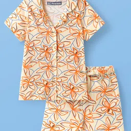 Pine Kids Single Jersey Knit Half Sleeves Co-ords Shorts Night Suit with Floral Print - Cream-image-39