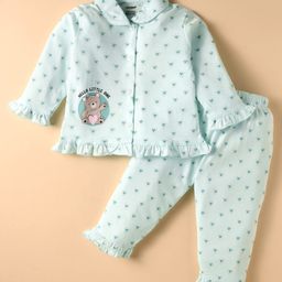 CUCUMBER Sinker Knit Full Sleeves Co-Ord Night Suit with Heart Bear Print & Frill Detailing - Light Green-picture-38