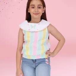 Cutecumber Woven Sleeveless Striped Butterfly Patch & Lace Detailed Top - Green-picture-15