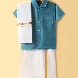 Dapper Dudes Cotton Silk Woven Half Sleeves Solid Shirt & Mundu With Geometric Foil Printed Angavastram Set - Rama Green-picture-15