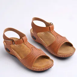 Shoetopia Abstract Designed Velcro Closure Sandals - Tan image 1