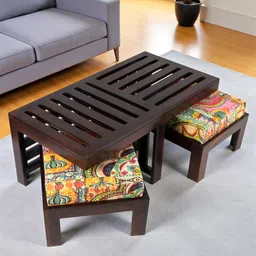 Ikiriya Irish Sheesham Wood Bohemian Coffee Table Set / Center Table / Sofa Table with 2 Stools in Dark Walnut Finish with Israel Print Patchwork Kantha Cushions-picture-23