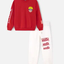 Nap Chief Pure Cotton Knit Naruto Kakashi Featuring Half Sleeves Character Printed Light Sweatshirt & Joggers Set - Red-picture-31