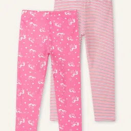 Ariel Cotton Knit Pack Of 2 Striped & Unicorns Printed Leggings - Pink image 1