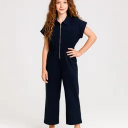 Little Marine Cotton Blend Knit Cap Sleeves Solid Textured Jumpsuit - Navy Blue-picture-24