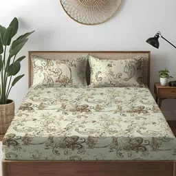 WEAVE AND DECOR Green & Brown Floral 300 TC Bedsheet with 2 Pillow Covers-image-90