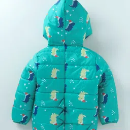 Kookie Kids Woven Full Sleeves Padded Hooded Jacket with Dino Print & Applique - Turquoise image 2