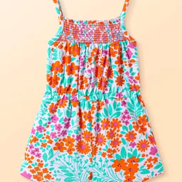 Babyhug Cotton Knit Singlet Sleeves Jumpsuit with Floral Print & Shimmer - White image 2