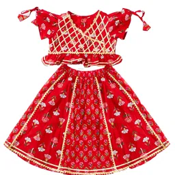 BownBee Pure Cotton Woven Half Flutter Sleeves Floral Printed Gota Lace Embellished Lehenga Choli Set - Red image 3