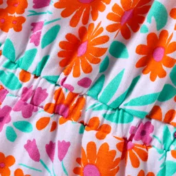 Babyhug Cotton Knit Singlet Sleeves Jumpsuit with Floral Print & Shimmer - White image 3