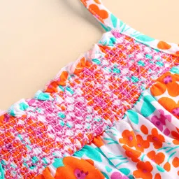 Babyhug Cotton Knit Singlet Sleeves Jumpsuit with Floral Print & Shimmer - White image 4