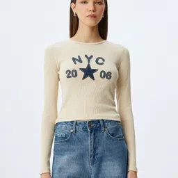 Koton Women Typography Printed Applique T-shirt-image-52