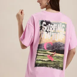 HERE&NOW Printed Drop-Shoulder Sleeves Pure Cotton Relaxed Fit T-shirt-picture-29