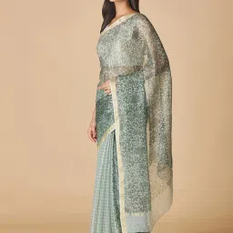 Fabindia Green Silk Printed Saree Without Blouse image 3