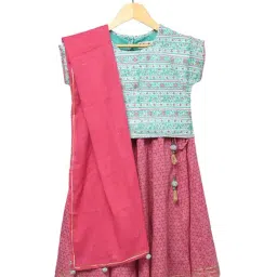 Fabindia Kids Green & Pink Printed Choli, Lehenga with Dupatta-image-13