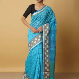 Unnati Silks Blue Cotton Printed Saree With Unstitched Blouse-image-64