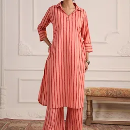 CRAFIQA Striped Shirt Collar Pure cotton Tunic With Palazzo-picture-27
