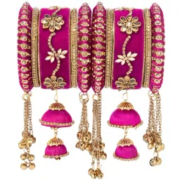 Peora Rani Pink Ethnic Silk Thread Floral with Dangling Jhumki Beads Bangle Set-image-54