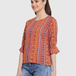 Style Quotient Women Orange And Multi Ethnic Printed Polyester Smart Casual Top image 3