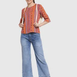 Style Quotient Women Orange And Multi Ethnic Printed Polyester Smart Casual Top image 4