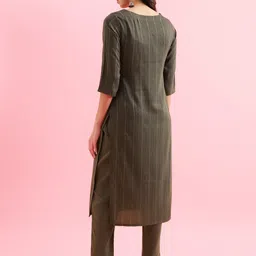 KALINI Women Striped Regular Sequinned Kurta with Trousers image 5