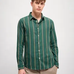 The Bear House Green Slim Fit Striped Shirt-image-4